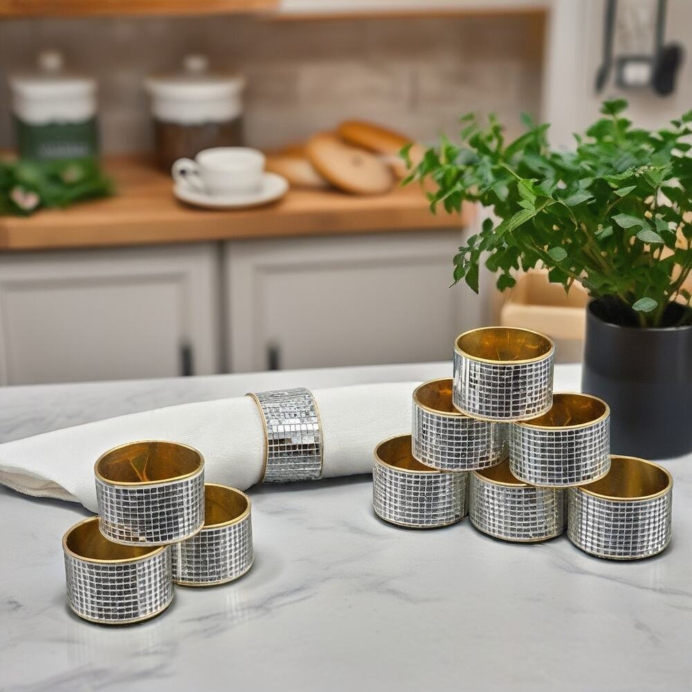 Set of 10 Mosaic Gold Silver Napkin Rings Glam Table Setting